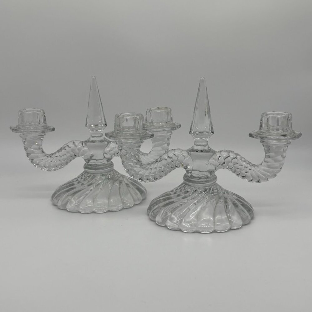 Fostoria Colony Double Candlesticks 6½"Tall w/ Center Sphere 8½" Wide - Set of 2